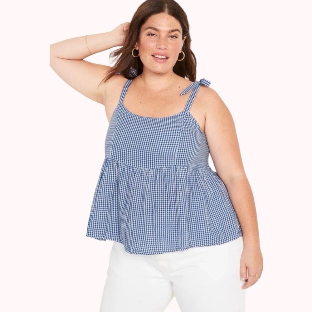 Old Navy Tie Strap Blue Gingham Peplum Top Size XXL